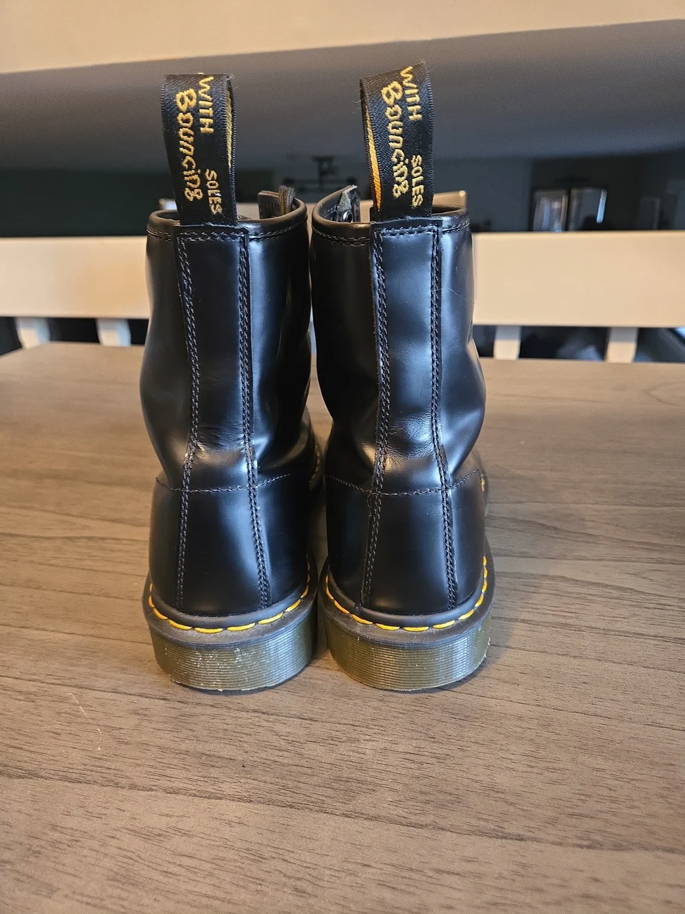 Dr. Martens Black Leather 8-Eye Lace-Up Boots with Yellow Stitch